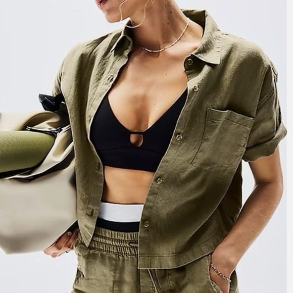 Athleta Tops - Athleta Womens Retreat 100% Linen Shirt Size XL Olive Green Button Short Sleeve